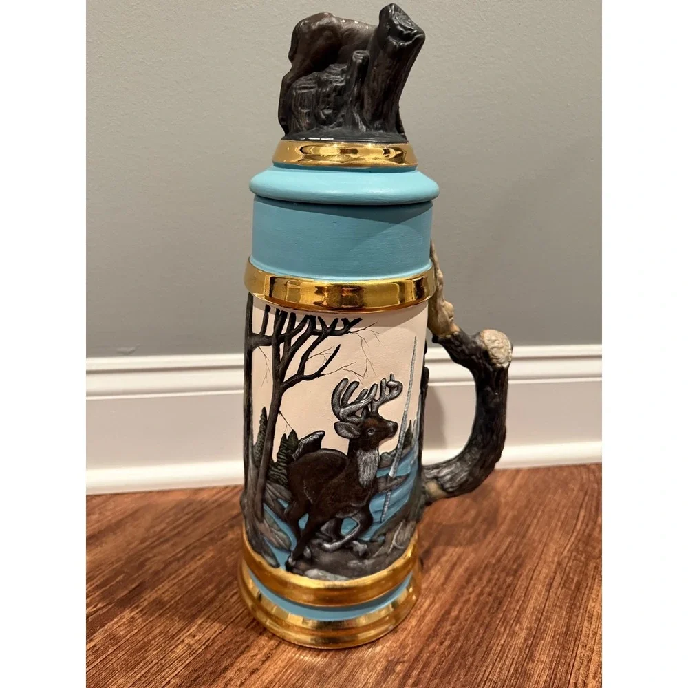 Vintage Deer Wildlife Ceramic Beer Stein Hand Painted Forest Scene with‎ Lid